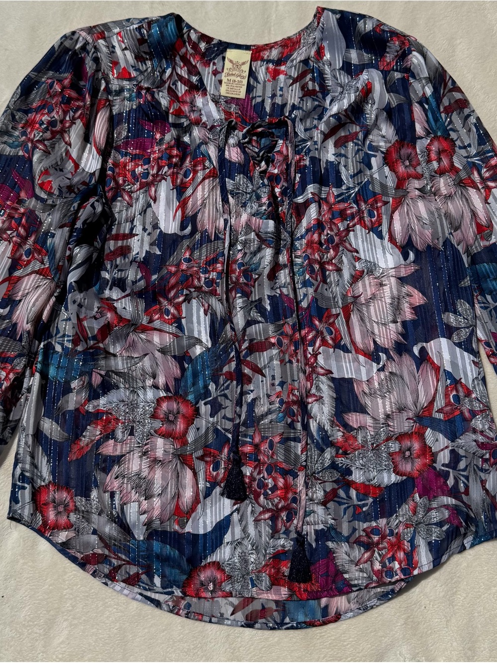 Navy Floral Tie-Neck Blouse with Tassels